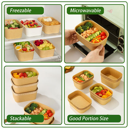 50-Pack 29oz Disposable Kraft Paper Bowls【with Lids and Forks】,Meal Prep Containers Disposable Togo Food Deli Containers for Restaurant Supplies Take Out Containers, Microwave Safe for Hot/Cold Food