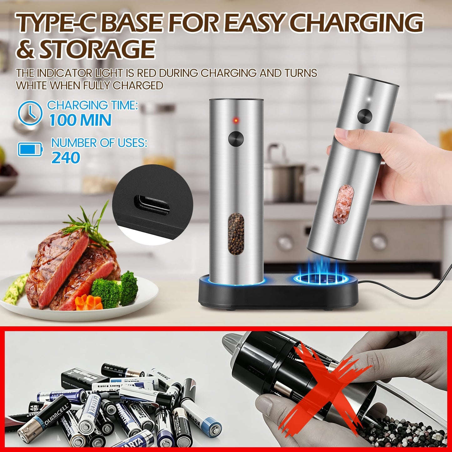 CapyBud Electric Salt and Pepper Grinder Set, 110 ml Rechargeable Automatic Salt and Pepper Shakers with Adjustable Coarseness Charging Base LED Light Ceramic Grinder Core for Kitchen Outdoor Gift