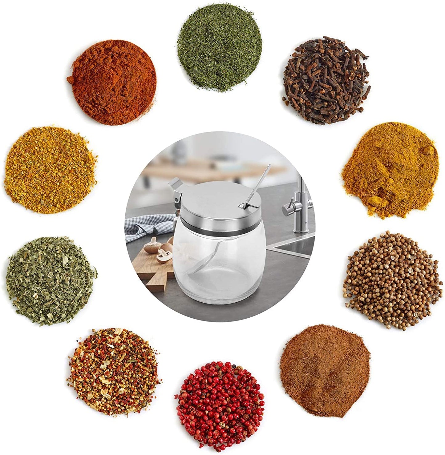 onlyfire Condiment Jar Spice Container with Lids, Stainless Steel Serving Spoons, Base Rack and Labels - Glass Seasoning Bottles Kitchen Accessories | Set of 3