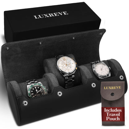 Lux Reve Travel Watch Case 3 slots - Bonus Pouch Included, Portable Watch Box & Home Storage, Gift-Ready, PU Leather Organizer, Angled Easy-Removal Cushions, Velvet Lining, Black