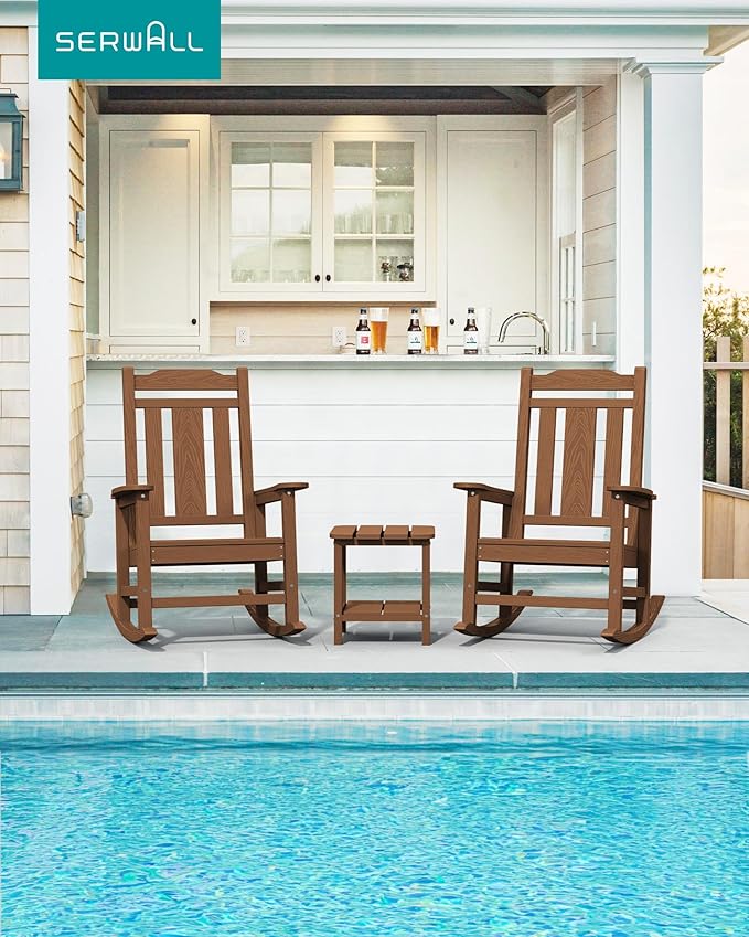 SERWALL Oversized Rocking Chair Outdoor, HDPE Outdoor Rocking Chair, Brown