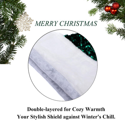 Chisander Sequin Santa Hat, Unisex Santa Hat for Adults with Shiny Sequin and Fluffy Pompom, Party Hat for New Year Xmas Festival (Red)