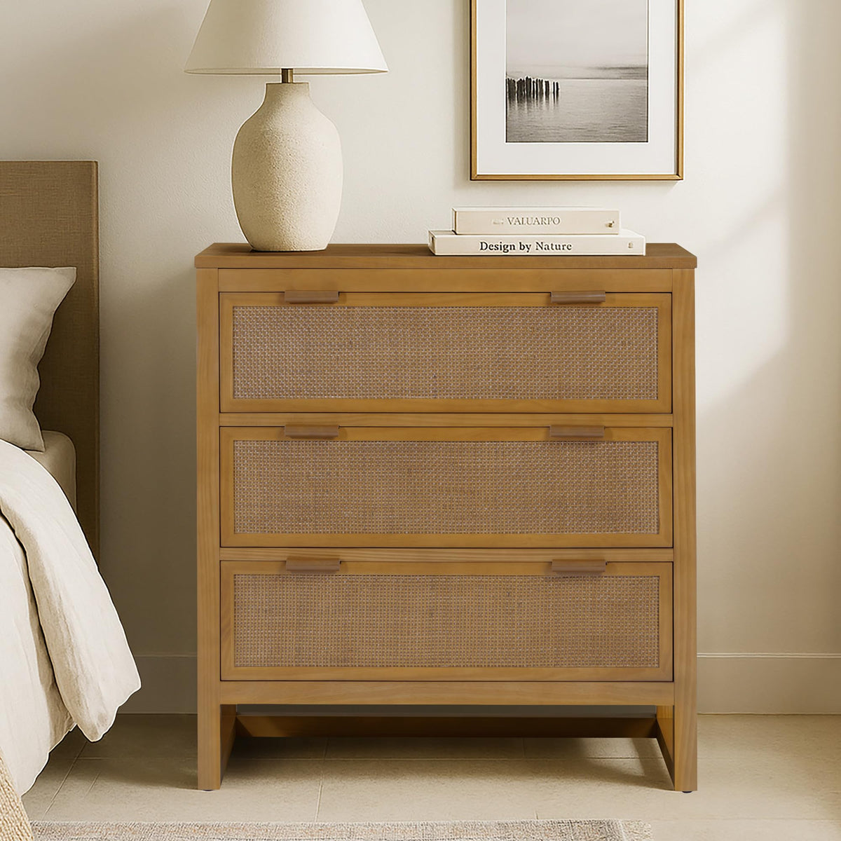 Teamson Home Hatteras 30'' W 3-Drawer Dresser with Rattan Inset Panels, Solid Pine Wood Frame and Acacia Veneer Plus Anti-Tip Kit Included, Coastal Modern Style, Natural Finish
