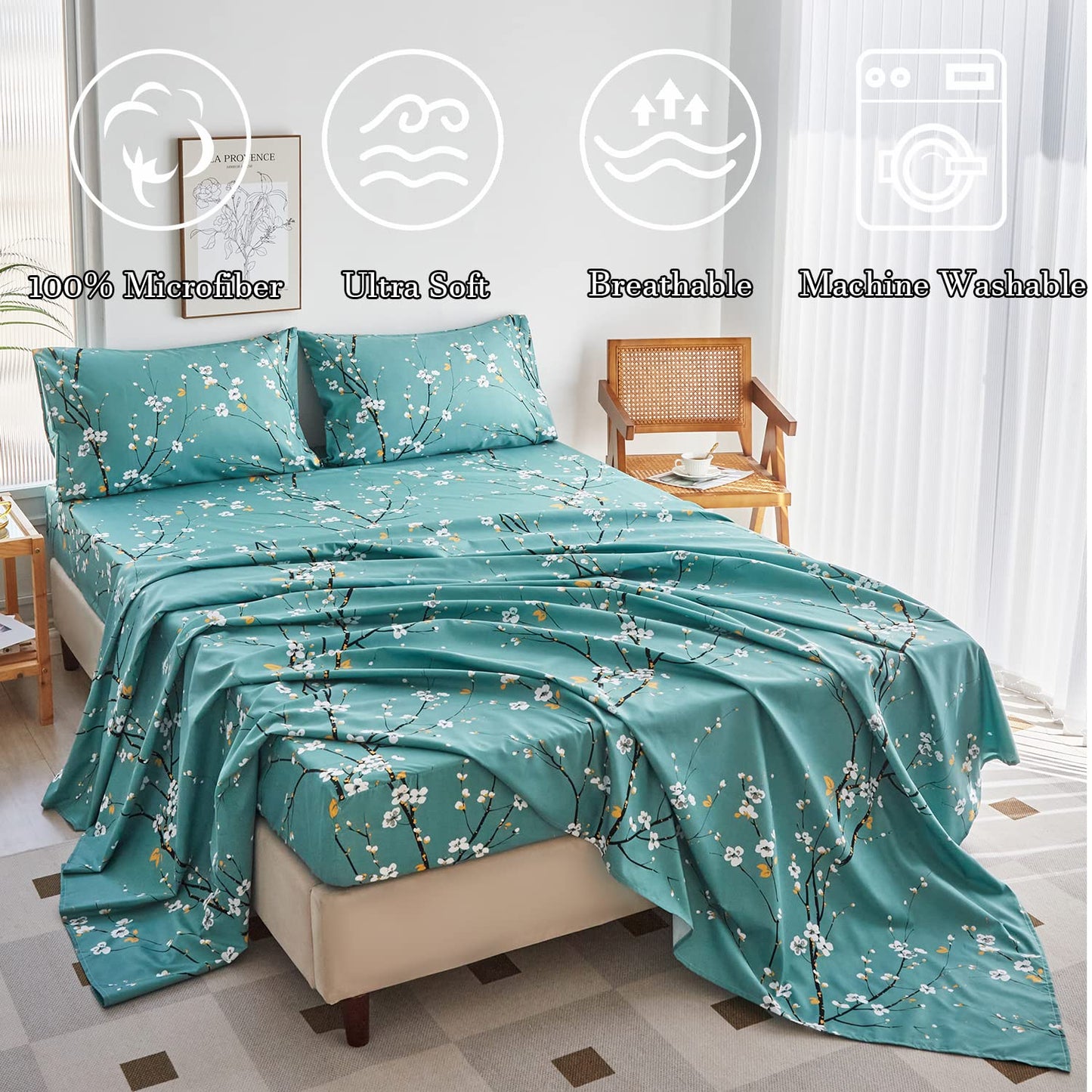 ZRNBAST Teal Sheet Set 4 Pcs King Sheet Set Floral Print Flat Sheet Fitted Sheet Farmhouse Style Chic Bedding Sheets Easy Fit Microfiber Sheets-All Seasons (Teal, King)
