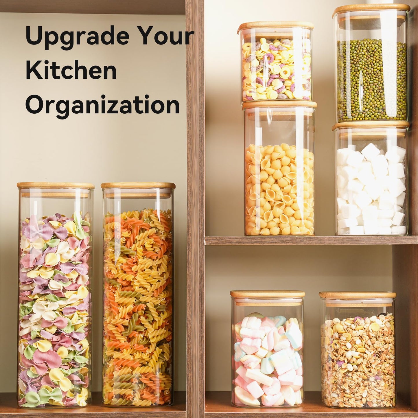 Glass Spaghetti Pasta Storage Container - 3 Pack 2.5 QT Airtight Food Storage Jar Set with Bamboo Lid Labels -Tall Square Kitchen Pantry Canister Organizers for Noodle Cookies Flour Cereal Coffee Bean