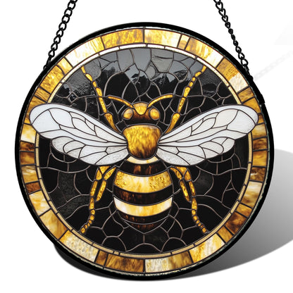 AMDERVEN Stained Glass Window Hanging - Black Gold Bee White Wings Sun Catcher for Door Home Decor Insect Suncatcher Christmas Mother's Day Birthday Gifts for Women Men Lovers Mom Nana 15 in