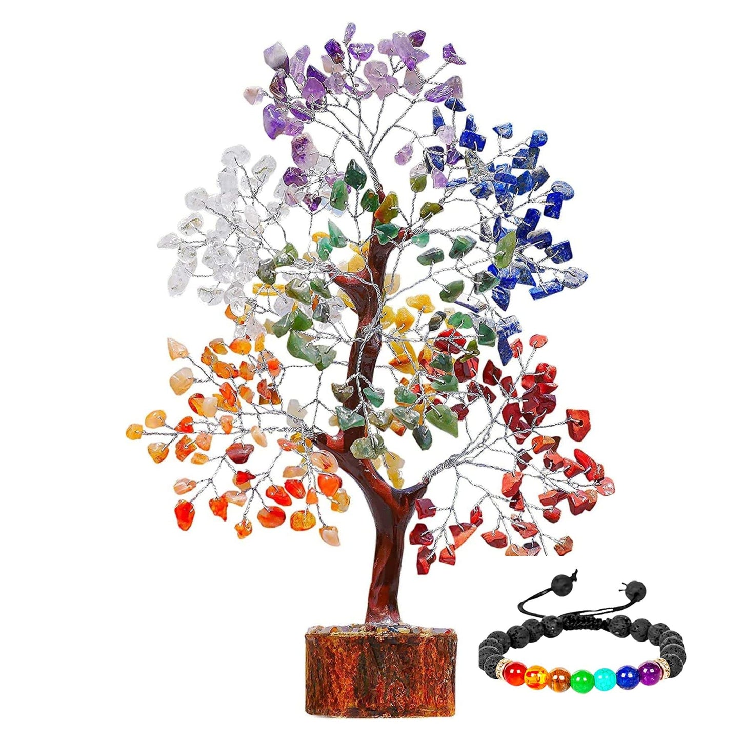 ABHISUBYA Seven Chakra Gemstone Tree Feng Shui Figurine Money Bonsai Good Luck Reiki Healing Crystals Balancing Decoration Ornament Sculpture Wealth Prosperity Table Room Decor Gift Size 10-12"