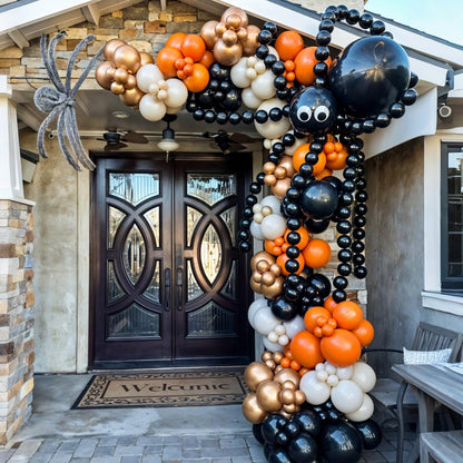Halloween Balloon Arch Garland Kit, Black Burnt Orange Sand White Retro Orange Balloons, Spider and Black Striped Foil Balloons for Kids Halloween Birthday Party Decorations Baby Shower Backdrop