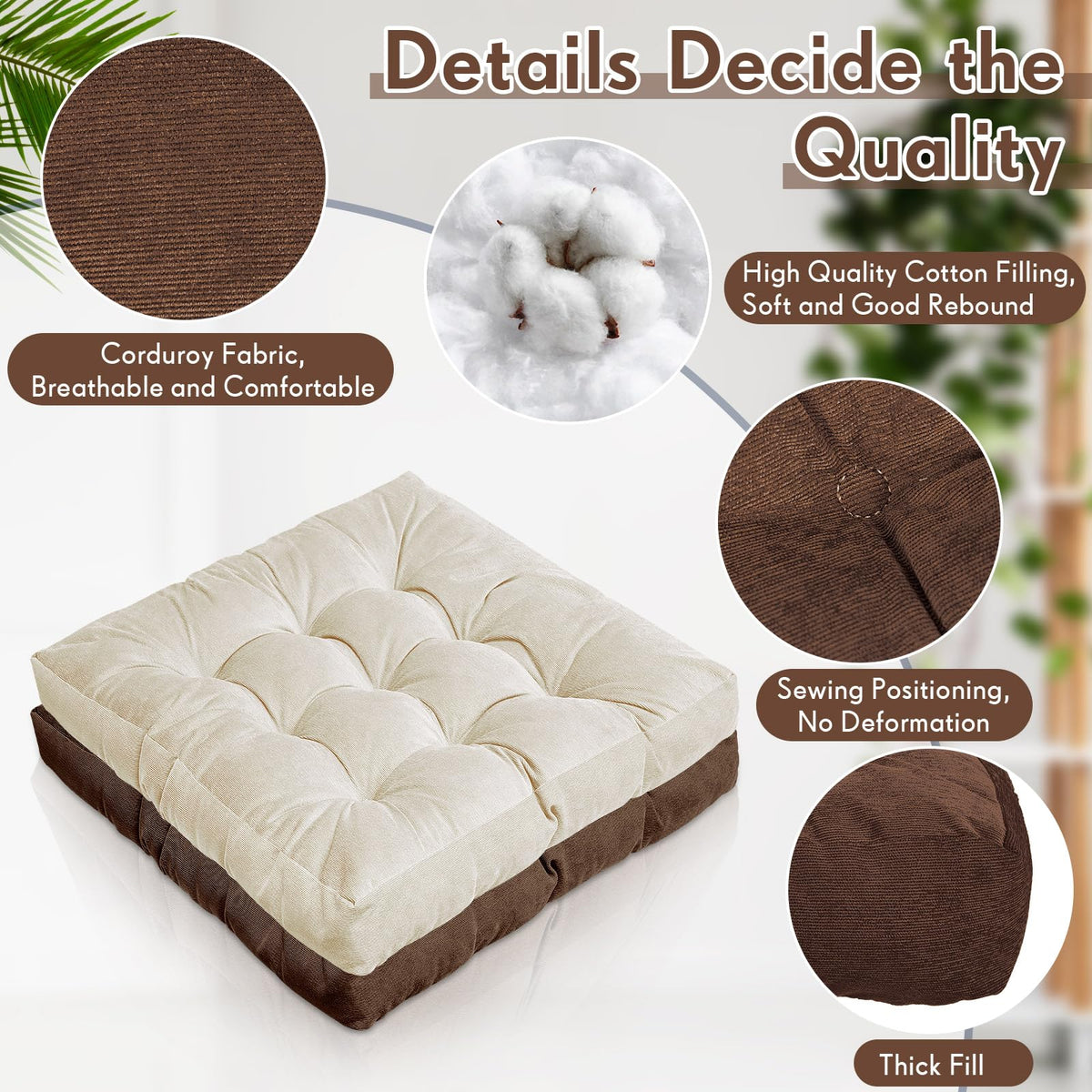 Jerify Floor Pillow Cushions Large Round Square Large Meditation Floor Pillow for Classroom Adult Meditation Picnic Party Seating Learning Daycare School(Square,Brown,4 Pcs)