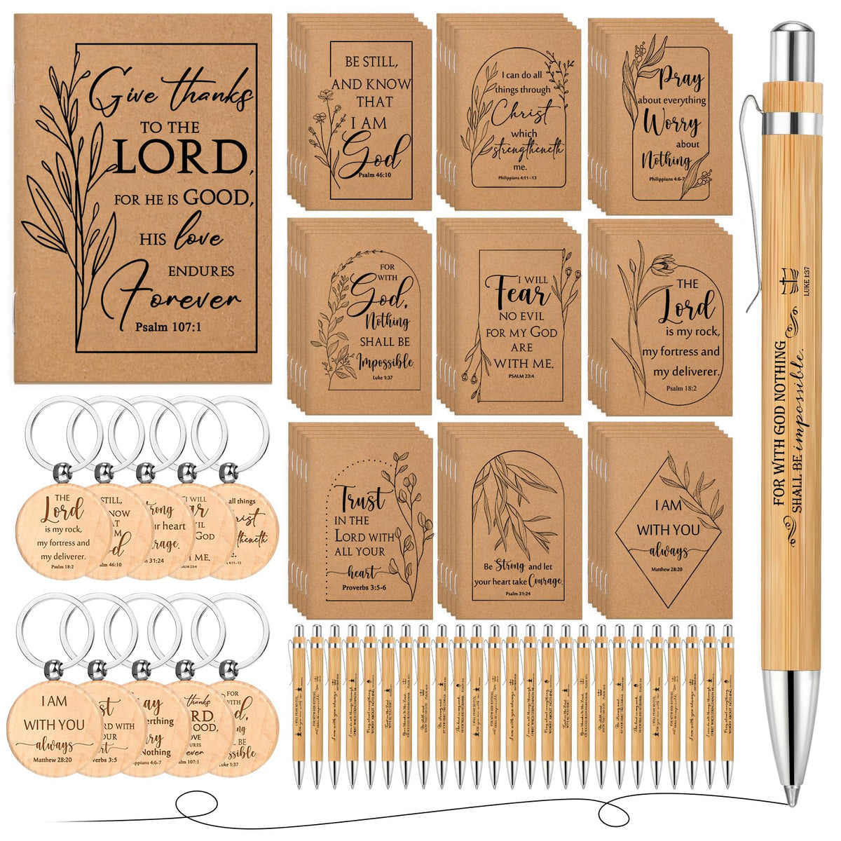 Kisston 30 Set Christian Gift Bulk - Bible Verse Inspirational Notepads, Bamboo Ballpoint Pens & Wooden Keychains for VBS Religious Party Favors Church Sunday Present