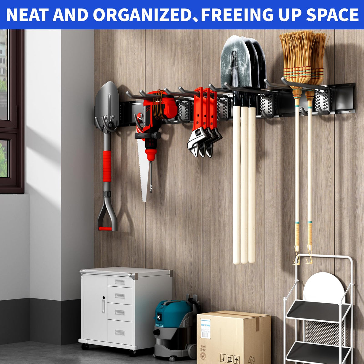 CRXCRC Garage Wall Organizer Wall Mount, 48inch Heavy Duty Garden Tool organizer Storage System, Easy Install With 6 Adjustable Hooks, For Garage, Basement, Shed, Workshop(Black)