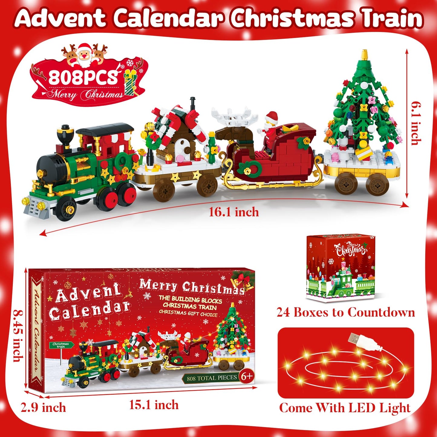 Advent Calendar 2025 Christmas Train Building Blocks Set, 24 Boxs Surprise Christmas Countdown Toy Building Kits With LED Light,Thanksgiving Xmas Gifts for Kids Adults