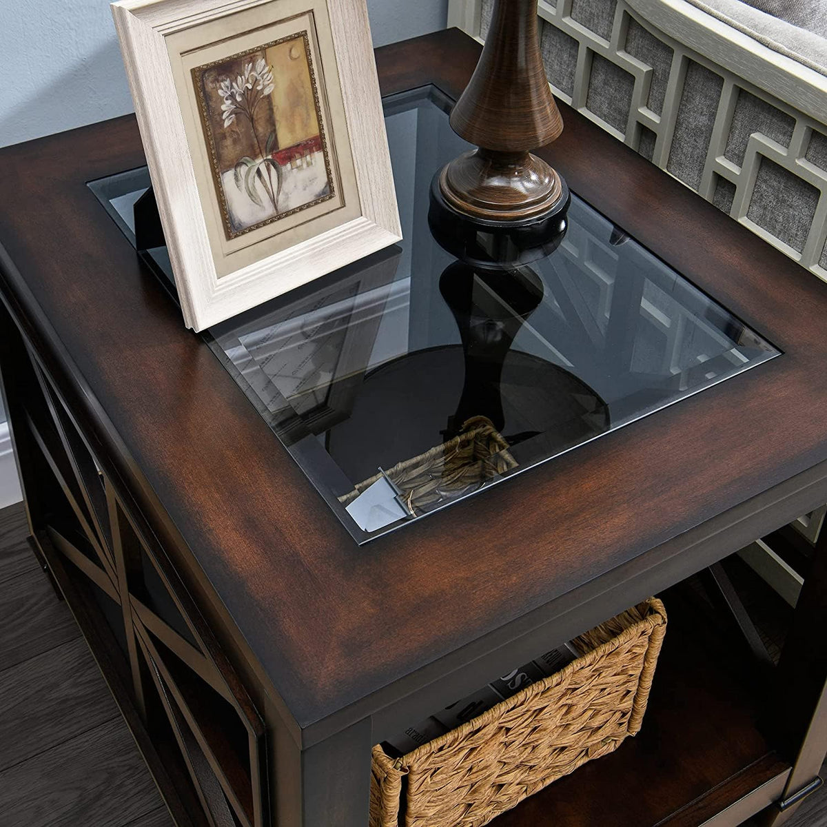 BAXMUY Solid Wood End Table with Tempered Glass Top, 28" x 24" Large Farmhouse Side Table for Living Room, Bedroom & Office, Vintage Walnut