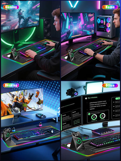 Mouse Pad with Foldable Phone Holder & Wireless Charger, XXL RGB Gaming Mousepad 31.5"x15.8" Large Desk Mat for Keyboard, Black Desk Pad with Dual Qi Charging Station | 11 Colors 5 Modes | Waterproof