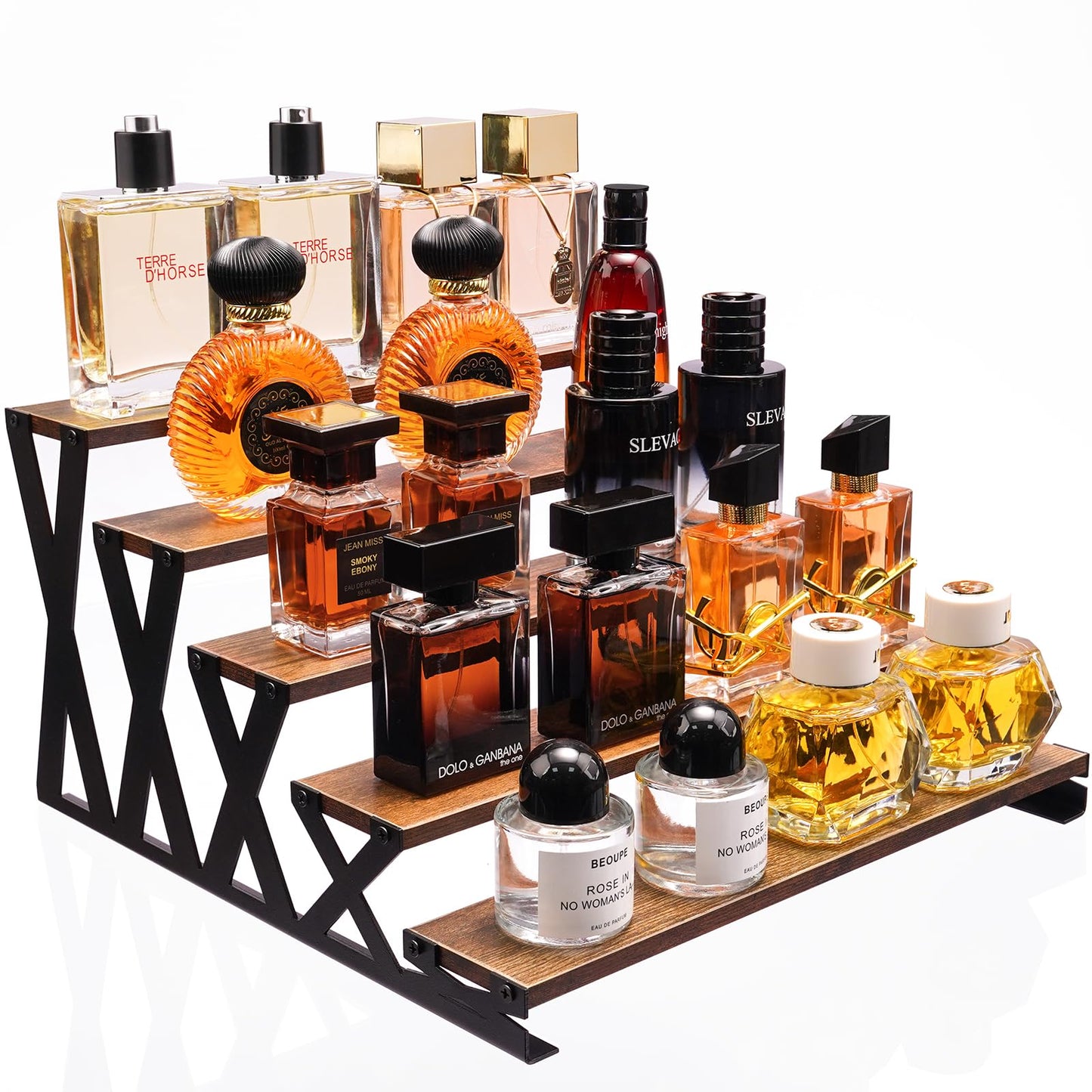 KALYLOC 5 Tier Wooden Display Riser Stand 13.8 Inch Metal Step Perfume Stand Organizer Tabletop Tiered Display Shelf Rack for Cologne Cupcake Spice Figures Cosmetics Candles (Brown, X-Shape)