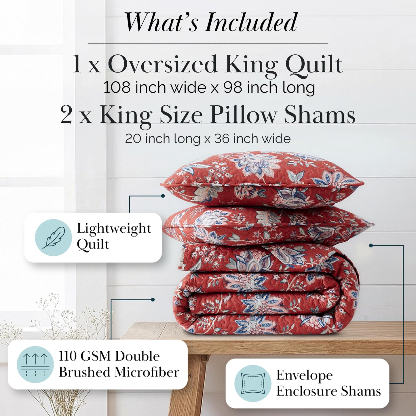 Southshore Fine Living, Inc. Oversized King Quilt Bedding Set, Jacobean Willow Floral Quilt Set with 2 Matching Pillow Shams, Lightweight California King Bed Spread, Soft Microfiber Fabric, Red