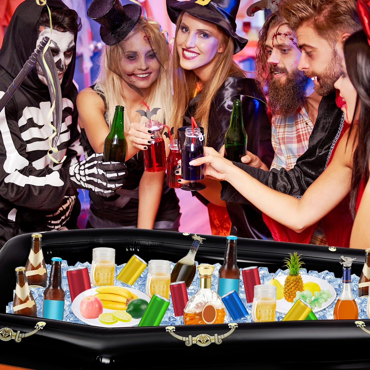 Aoriher 52 Inch Halloween Inflatable Coffin Cooler Fake Coffin Floatie Drink Ice Chest Buffet Bucket Beverage Cooler for Pool Picnic Halloween Party Decoration
