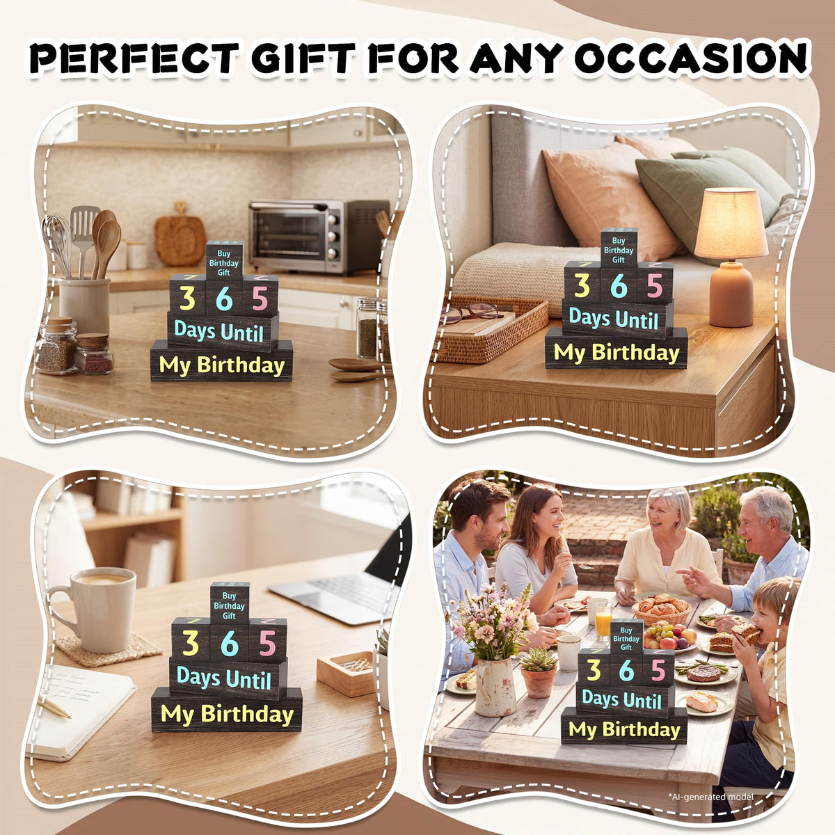 7 Pcs 365 Days Countdown Birthday Wooden Table Decor, Birthday Activities Decision Dice Rustic Table Centerpiece Decorations for Home Office
