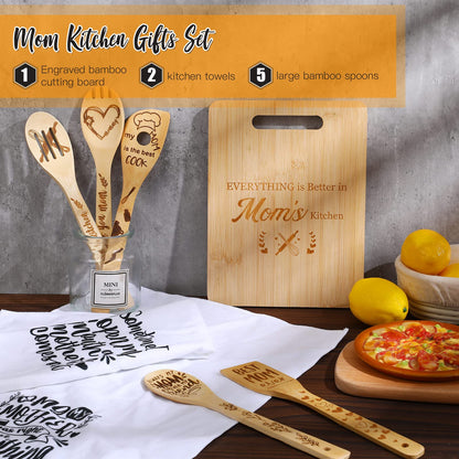 Gerrii 8 Pcs Mom Gifts Kitchen Set Mother's Day Cutting Board Spoons Towels Dish Towels for Kitchen Cooking Gift Utensils Housewarming Decoration from Grandson Granddaughter Son Daughter