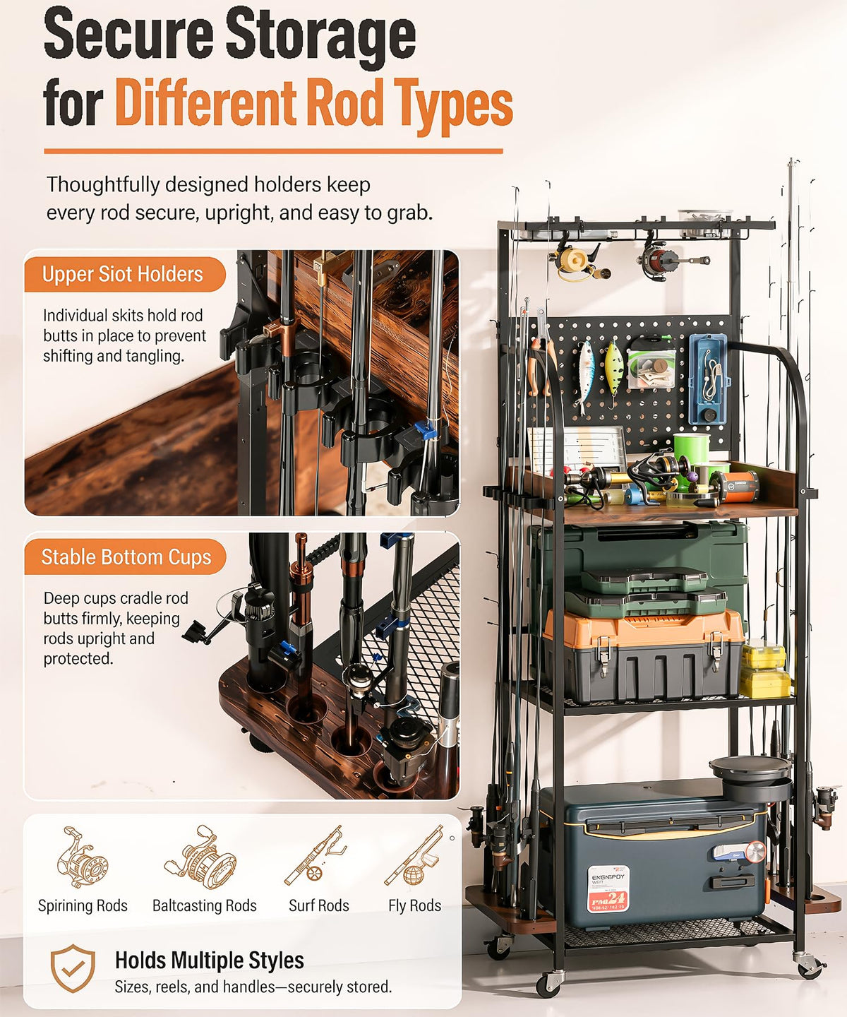 Homde Fishing Rod Holders for Garage: Large Capacity Fishing Equipment Holder up to 12 Rods - Mobile Tackle Storage Cart with Pegboard and Hooks for Tackle Box Organizers and Storage