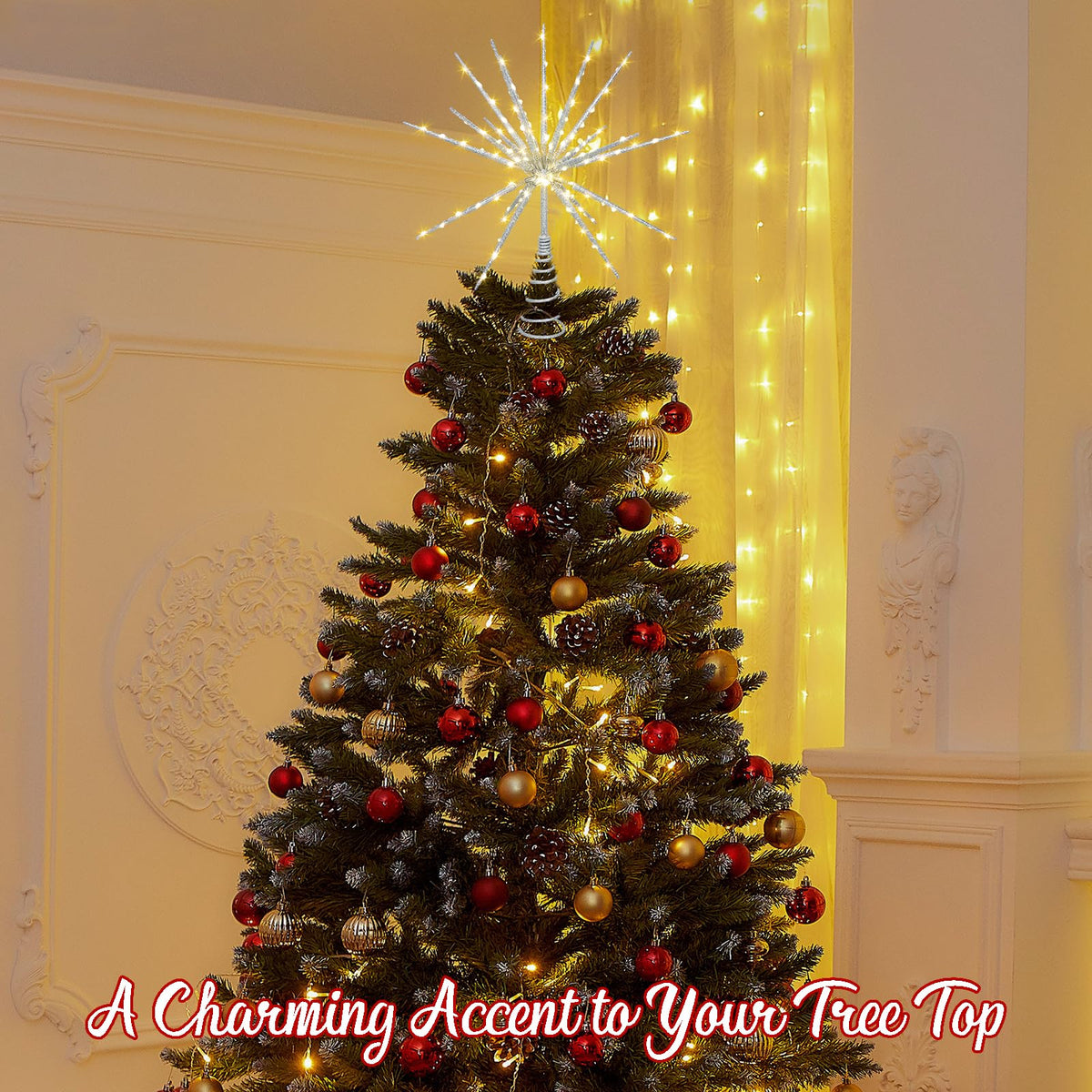 HMASYO 15 Inch Twinkling Starburst Christmas Tree Star Topper, 19-Point Silver Star Tree Topper with 150 LED, Remote Control & Timer, USB Power for Indoor Home Holiday Party Xmas Tree Decoration