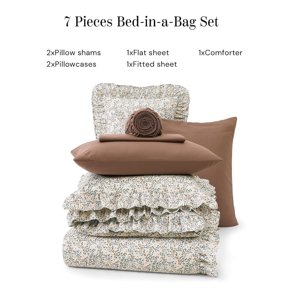 BLOOMHAVEN Queen Comforter Set - 7 Pieces Ruffle Beige Ditzy Bedding Sets, Shabby Chic Farmhouse Bed in a Bag Queen with Floral Comforter,Sheets, Pillowcases & Shams
