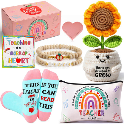 U-Goforst Teacher Appreciation Gifts for Women, Gifts for Teachers, Teacher Gifts Supplies with Makeup Bags Crochet Sunflower Bookmark Bracelet Socks for Teacher Appreciation