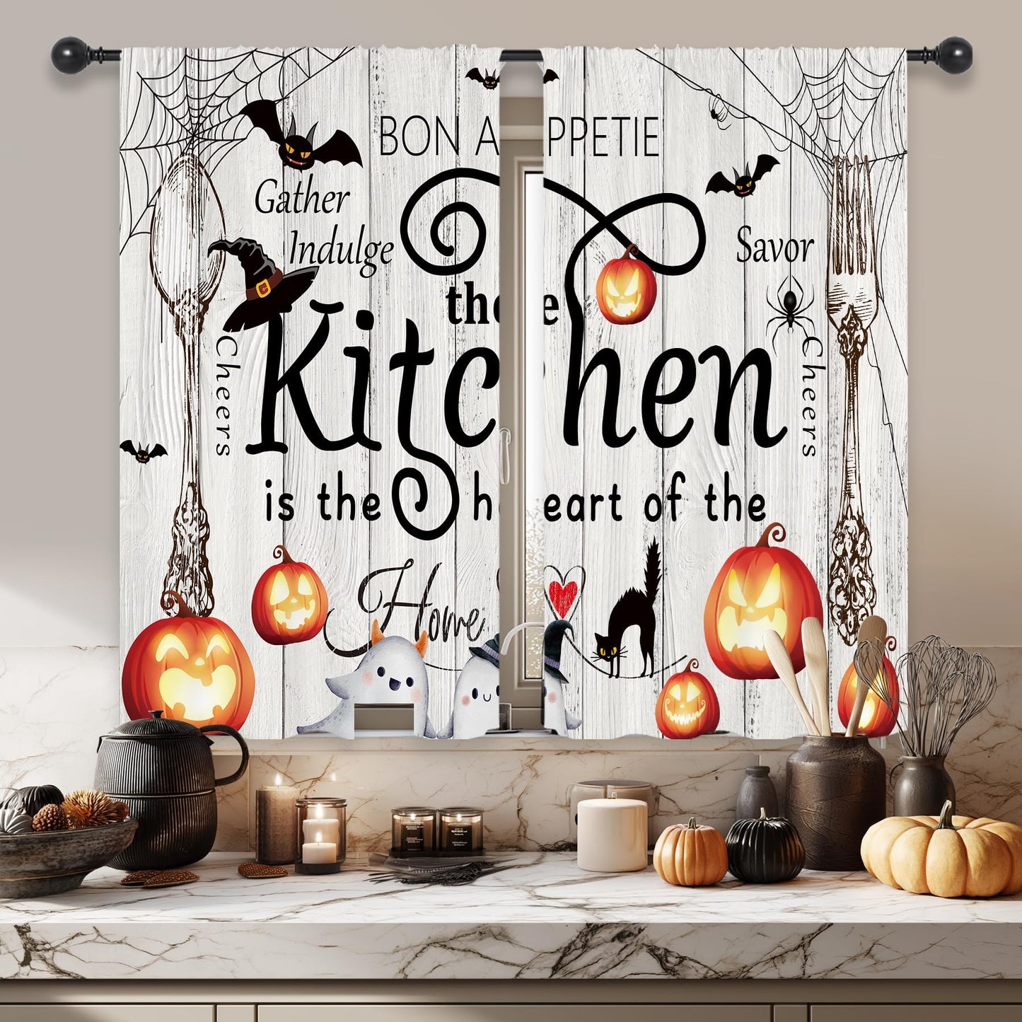 Riyidecor Halloween Rustic Farmhouse Kitchen Curtains Short Small Ghost Pumpkin Bat Spider Web Fork Spoon Rod Pocket Wood Plank Board Cool Bedroom Living Room Treatment Fabric 2 Panels 27.5Wx39H Inch