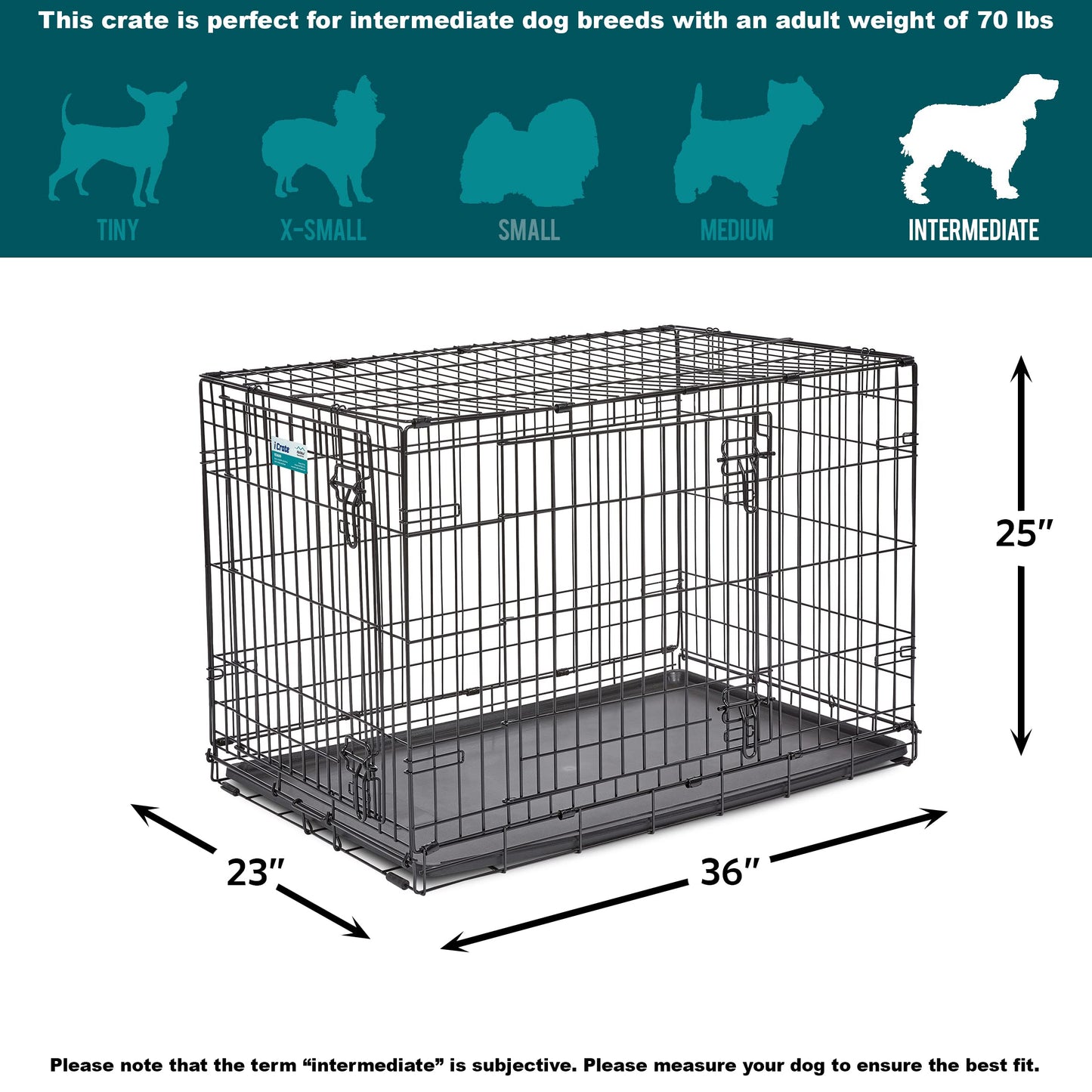 MidWest Homes for Pets Newly Enhanced Double Door iCrate 90.42 cm (36-Inch) Long Dog Crate, Includes Leak-Proof Pan, Floor Protecting Feet, Divider Panel & New Patented Features, Black, Model 1536DDU