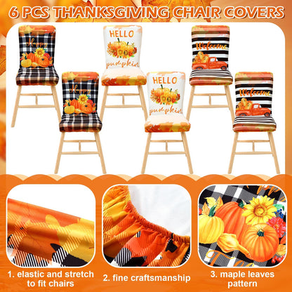 Preboun Fall Chair Covers Set of 6 Thanksgiving Dining Protector Stretch Autumn Pumpkin Truck Maple Leaves Slipcovers Removable Washable for Dining Hotel Party Wedding