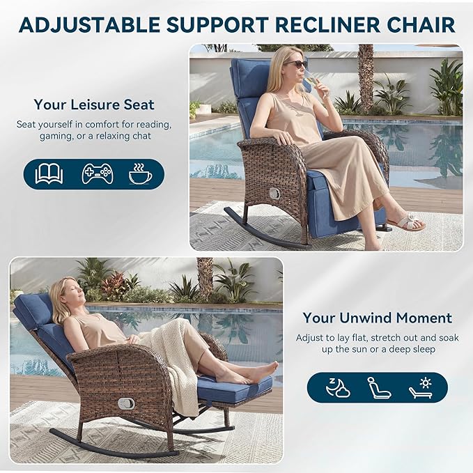 Zero Gravity Patio Rocking Wicker Recliner Chairs Set of 2- Wicker Outdoor Lounge Chair with Adjustable Backrest & Footrest, All Weather Reclining Rocker Chairs with Thick Cushion for Pool Deck Blue