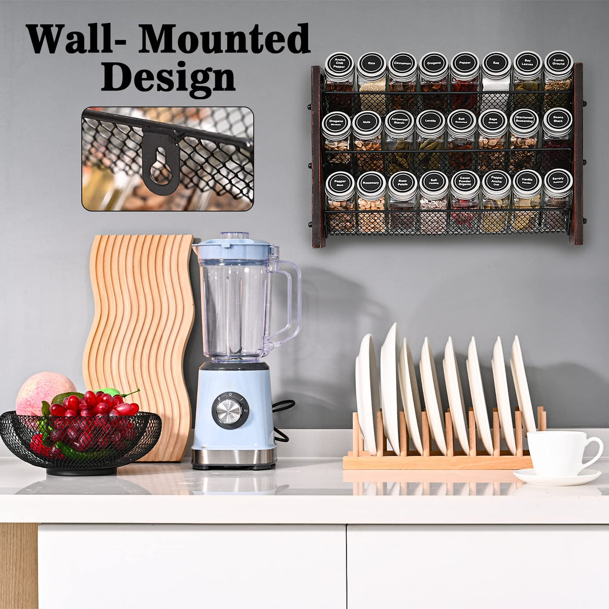 Roykoota Spice Rack, Spice Rack Organizer without Seasoning Jars, Wooden Rustic 3 Tier Kitchen Spice Organizer Shelf for Cabinet, Countertop or Wall Mount