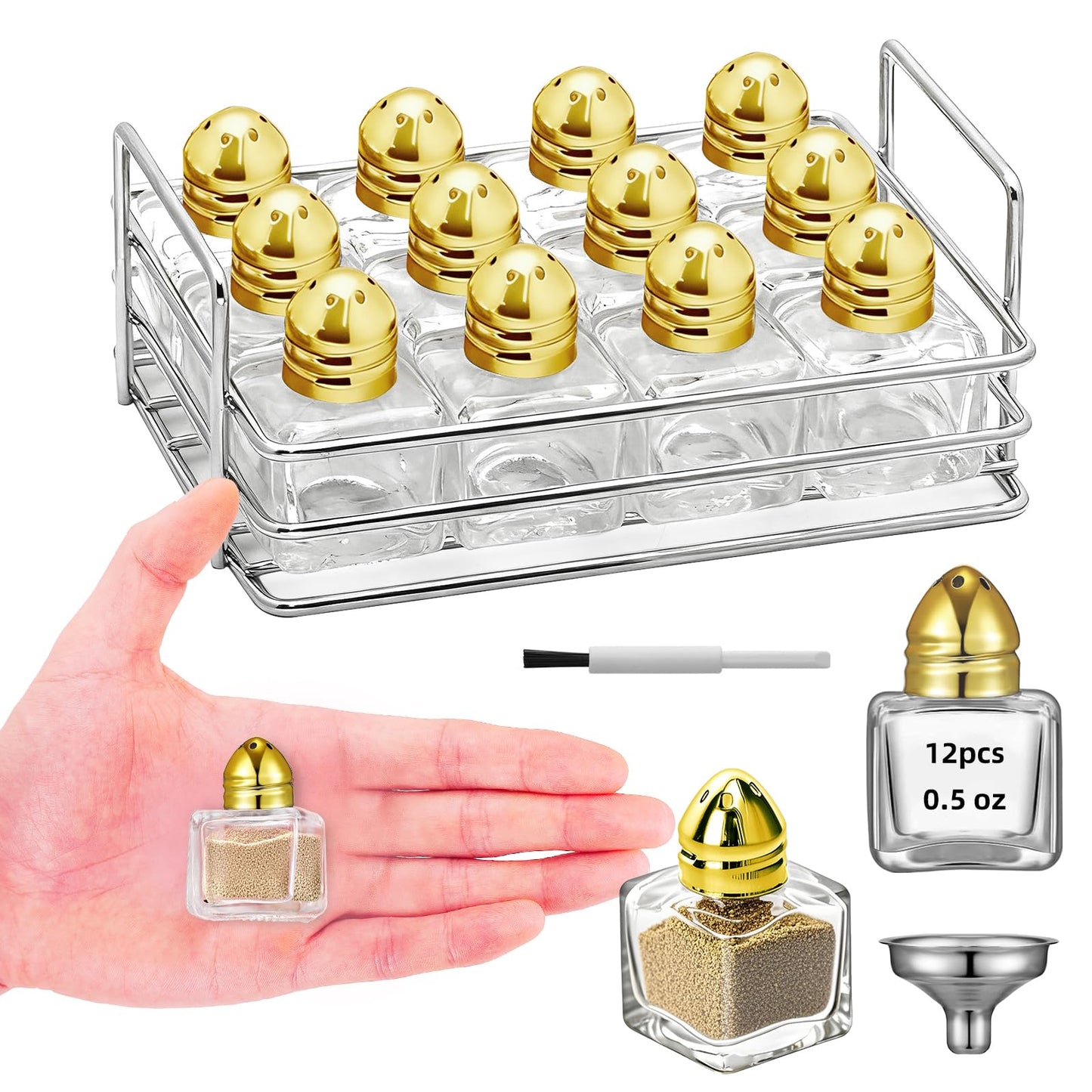 12 Pcs 0.5 oz Cube Shape Small Salt and Pepper Shakers Clear Mini Glass Seasoning Jars Spice Salt Shakers with Funnel and Storage Rack for Wedding Party Restaurant Home Kitchen (Gold)