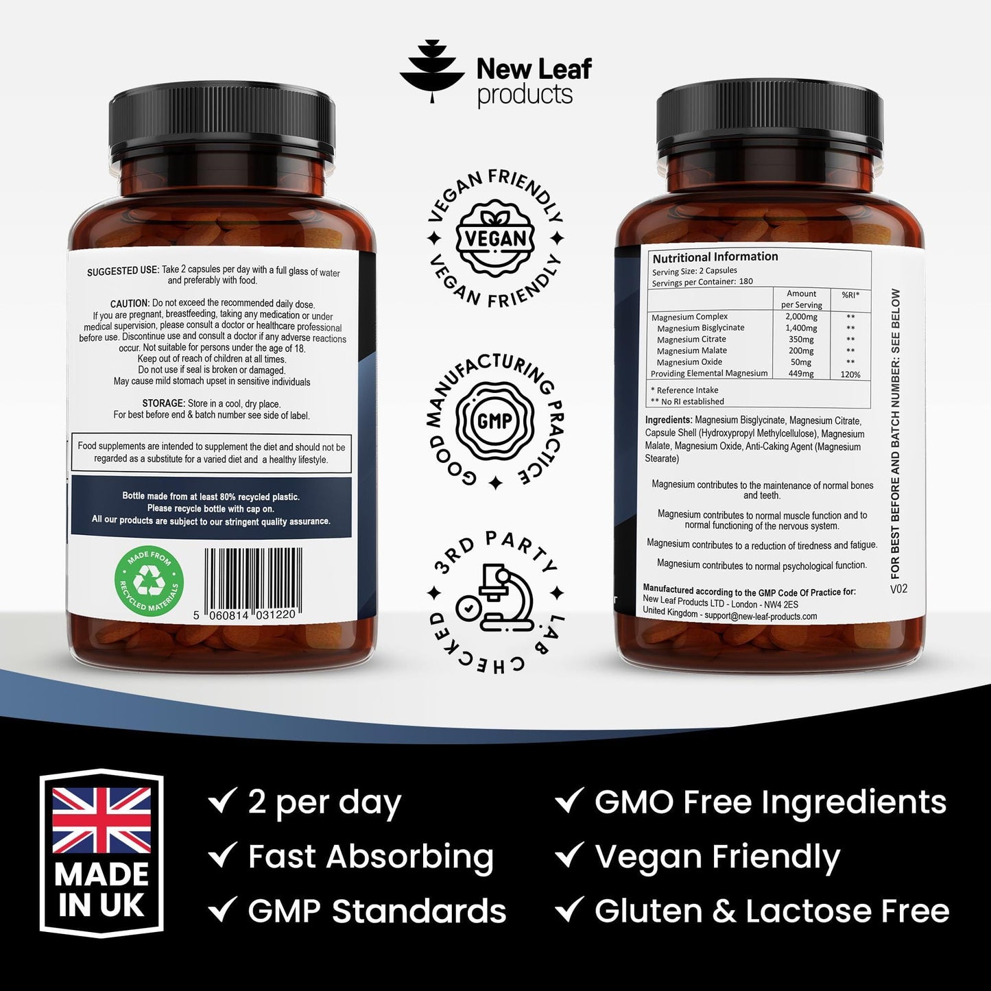 Magnesium Glycinate 4-in-1 Complex 2000mg - High Strength Magnesium Supplements - Bisglycinate,Citrate, Malate, Oxide - 360 Capsules 449mg Elemental - Vegan UK Made by New Leaf