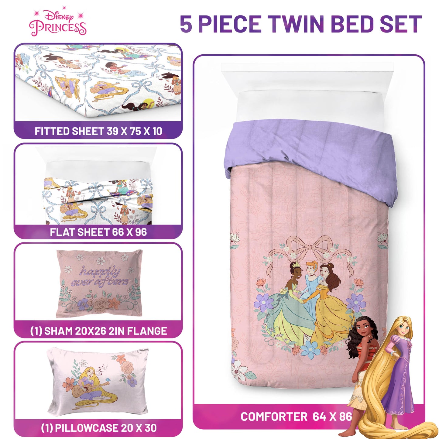 Jay Franco Kids Comforter Set Includes Sheets and Pillow Covers - Soft and Cozy Bed Set for Stylish Room Decor, Pink – Disney Princess, 5 Piece Twin