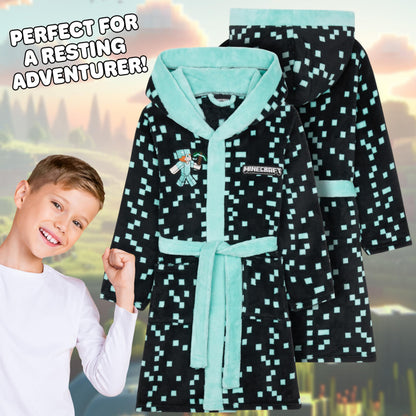Minecraft Dressing Gown for Boys Fleece Hooded Bathrobe with Pockets Creeper Loungewear Nightwear Teens Gamer Gifts for Boys (9-10 Years, Teal)