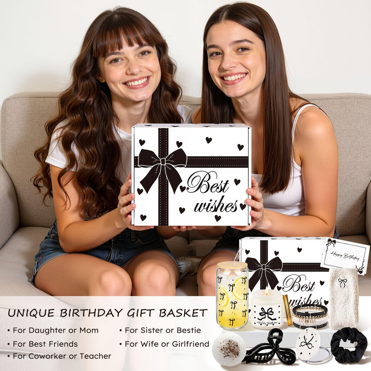 Elegant Birthday Gifts for Women, Black Bow Unique Birthday Relaxing Gifts Box with Scented Candles, Greeting Card & Home-Spa Relaxation, Birthdays Presents for Her, Best Friend, Sister, Wife