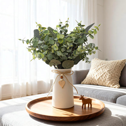 Artificial Silver Dollar Eucalyptus Stems in White Ceramic Vase, 14" Tall Faux Eucalyptus Picks with Twine Bow & Wooden Heart Charm, Full Greenery for Home Decor, Table Centerpiece, Shelf & Office
