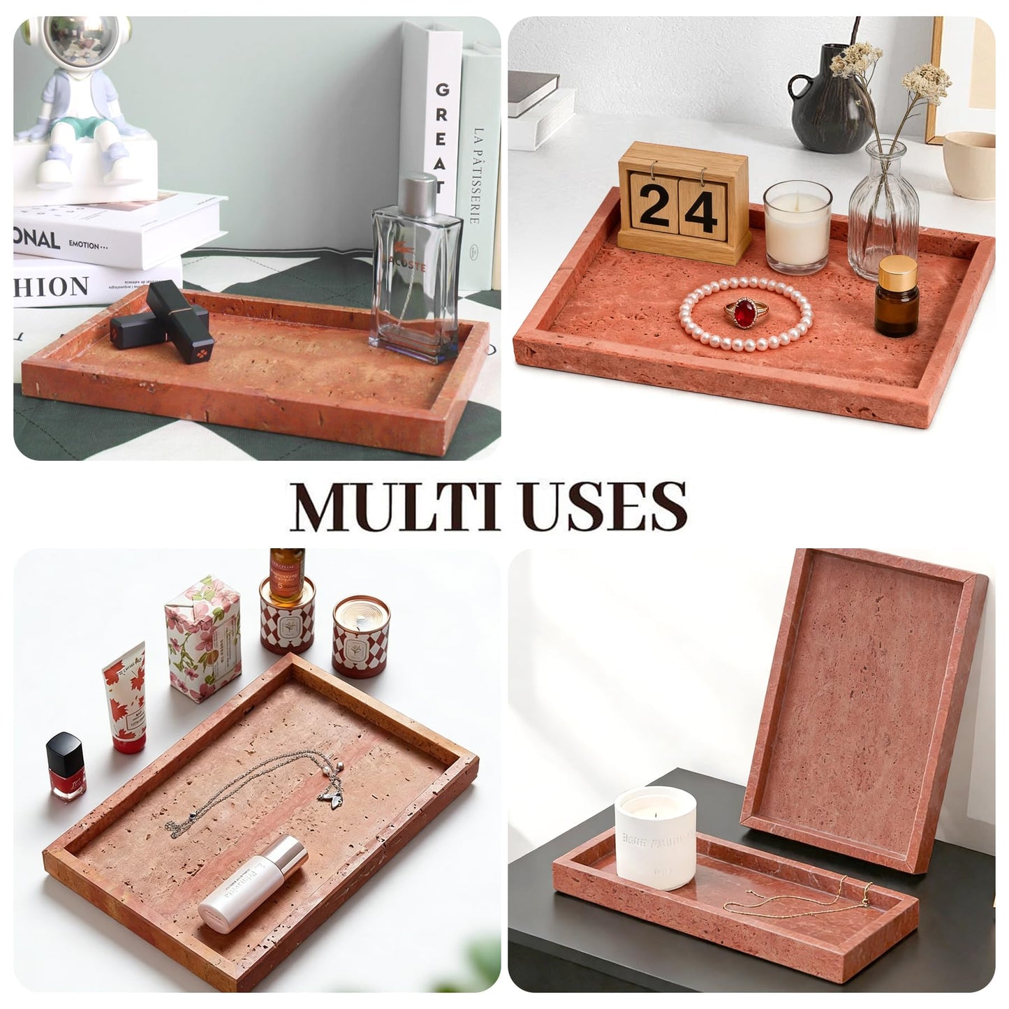 Natural Marble Tray, Stone Tray for Bedroom/Bathroom/Kitchen/Vanity Countertop, Jewelry Tray for Rings Earrings Necklace Bracelet Watch, Room Decor Aesthetic