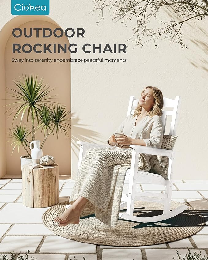 Ciokea Oversized Outdoor Rocking Chairs Set of 4, 380lbs Heavy-Duty Large Patio Rocker, High Back Cozy Porch Chairs, Weather Resistant Patio Rocking Chairs for Outside, Fire Pit, Deck, White