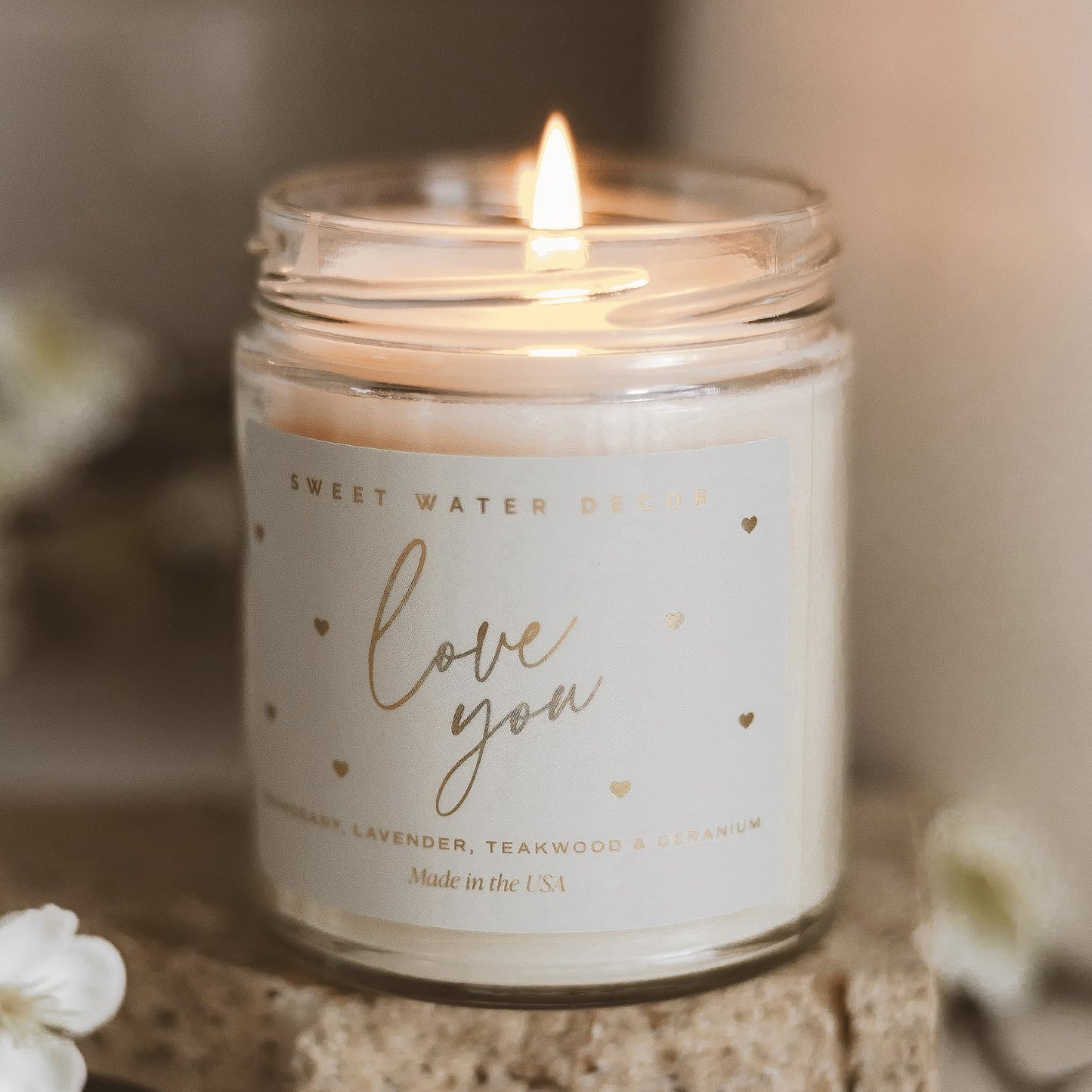 Sweet Water Decor Love You Scented Candles - Soy Candles with Fresh Lavender, Geranium, Warm Mahogany and Earthy Teakwood - Candle Wax with 40 Hours Burn Time - 9Oz Gold Lid Clear Jar Wax Candle