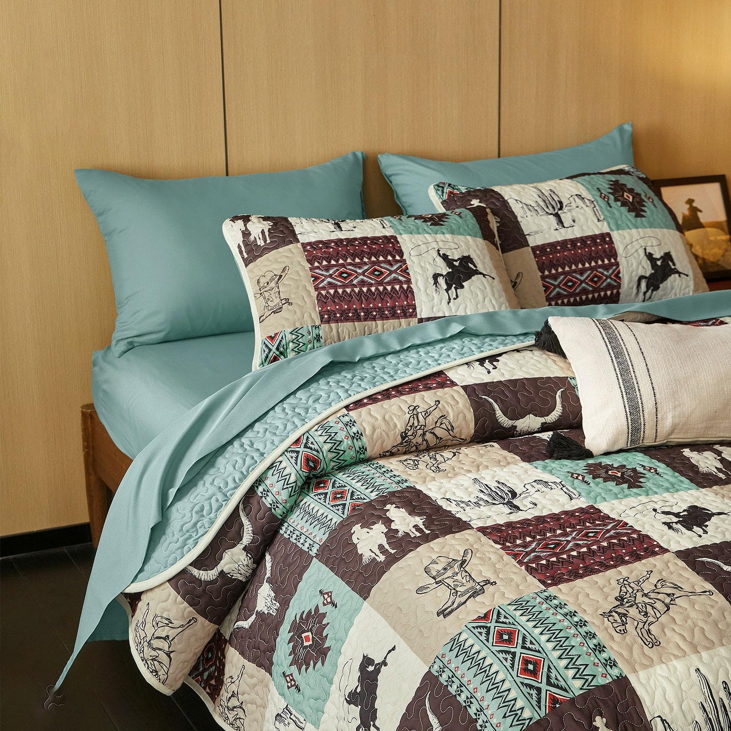 Wake In Cloud - Western Quilt Set, Southwestern Aztec Country Horse Cowboy Rustic Ranch Pattern Printed, Reversible Lightweight Bedspread Coverlet, 3 Pieces, Turquoise Taupe, Queen/Full Size