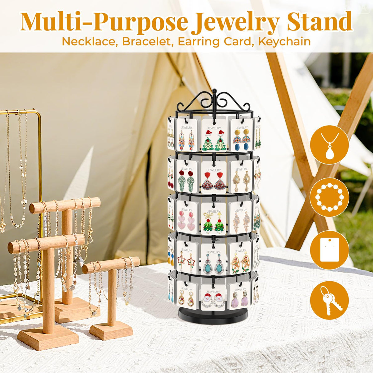 EsLuker.ly Earring Holder Organizer Rotating Display Tree Stand, Adjustable Height Earring Card Hanger Rack with 50 Hooks for Vendors Market Selling, 5 Tier Metal Jewelry Storage Tower, Black
