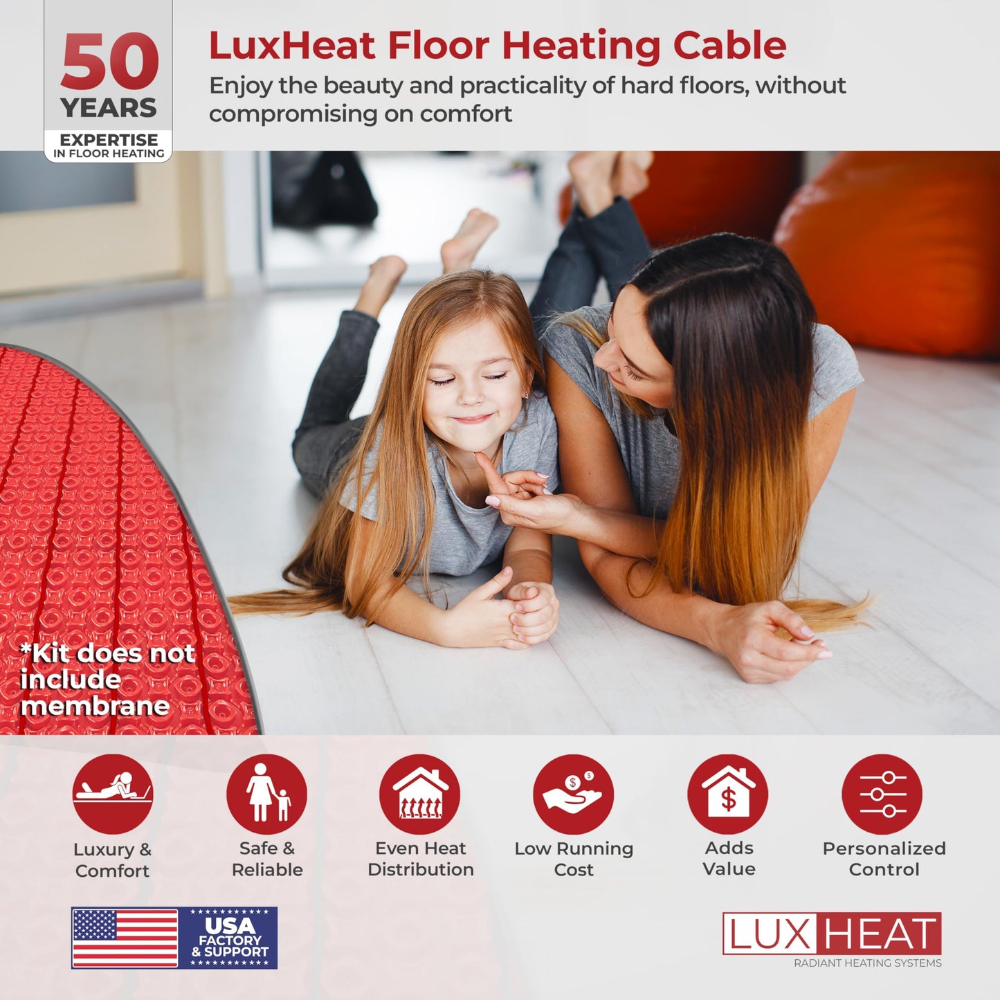 LuxHeat 150sqft Floor Heating Cable Kit - 120v Under Tile Floor Heater Kit - Heated Flooring System Includes UWG4 WiFi Programmable Thermostat w/GFCI, Heating Cable, Alarm & Flooring Sensor