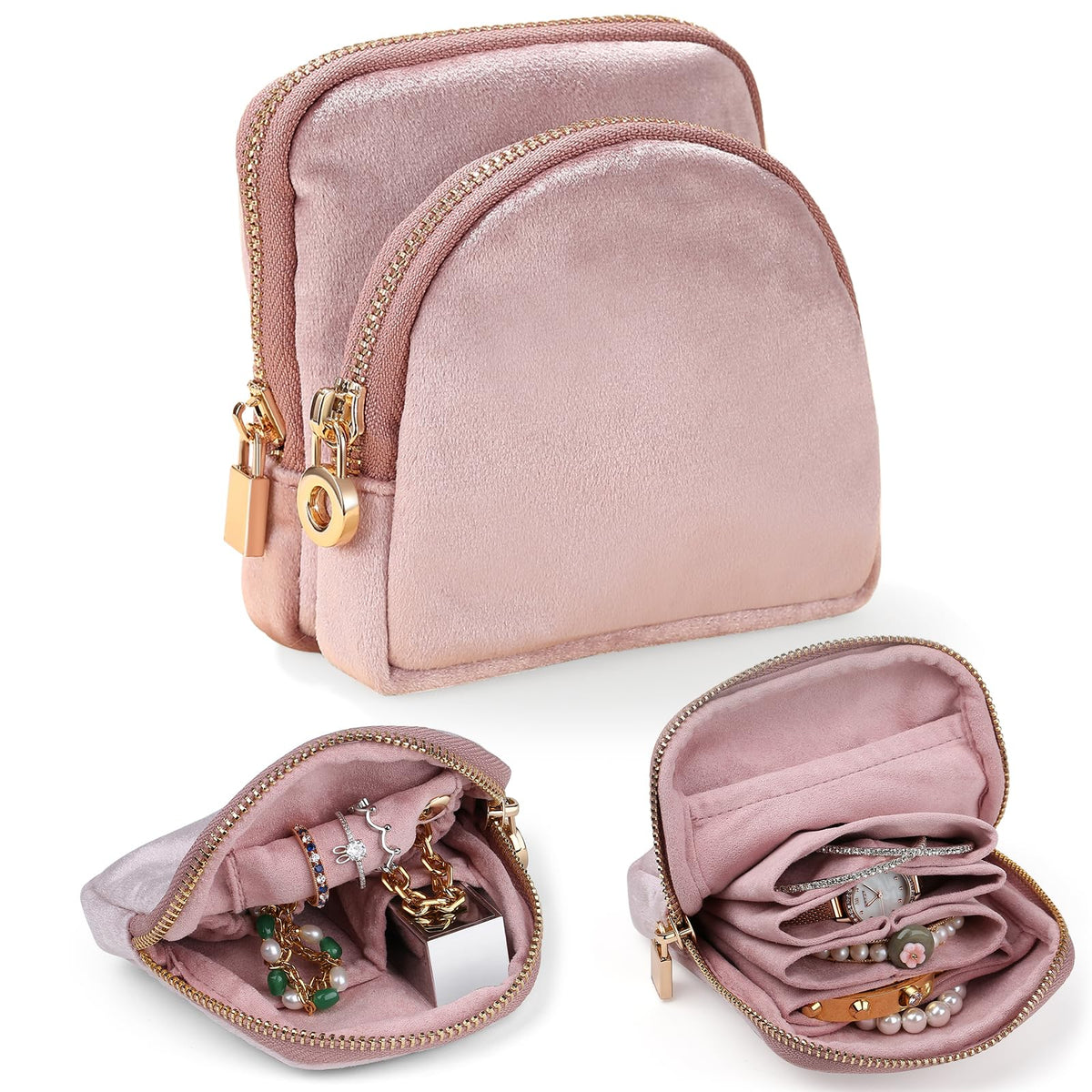 Lumayina Small Travel Jewelry Case Set 2-in-1 Detachable Velvet Pouches, Portable Jewelry Organizer Bag for Rings Earrings Bracelets, Gift Box for Women (Blush Pink)