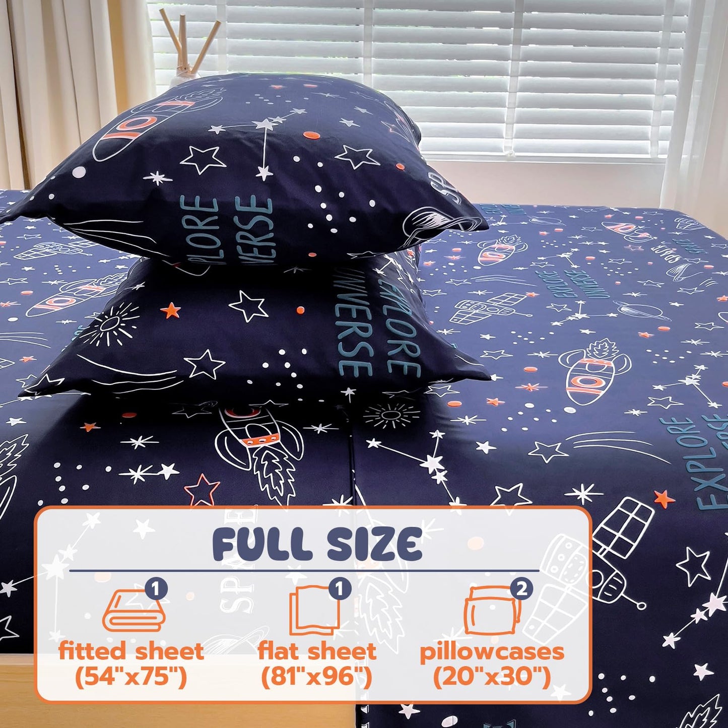 Homilay Full Sheet Set Kids - Navy Blue 4 Pieces Soft Microfiber Cartoon Style Bedsheets for Boys Girls Teens, Oeko TEX Breathable 15 Inch Deep Pocket Sheets(Space Rocket)