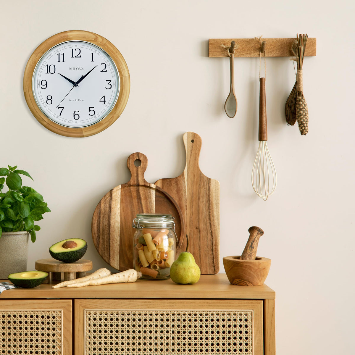 Bulova C5005 Wooden Atomic Analog Wall Clock | Automatically Sets Time | Large Roman Numerals | Battery Operated | Traditional Design