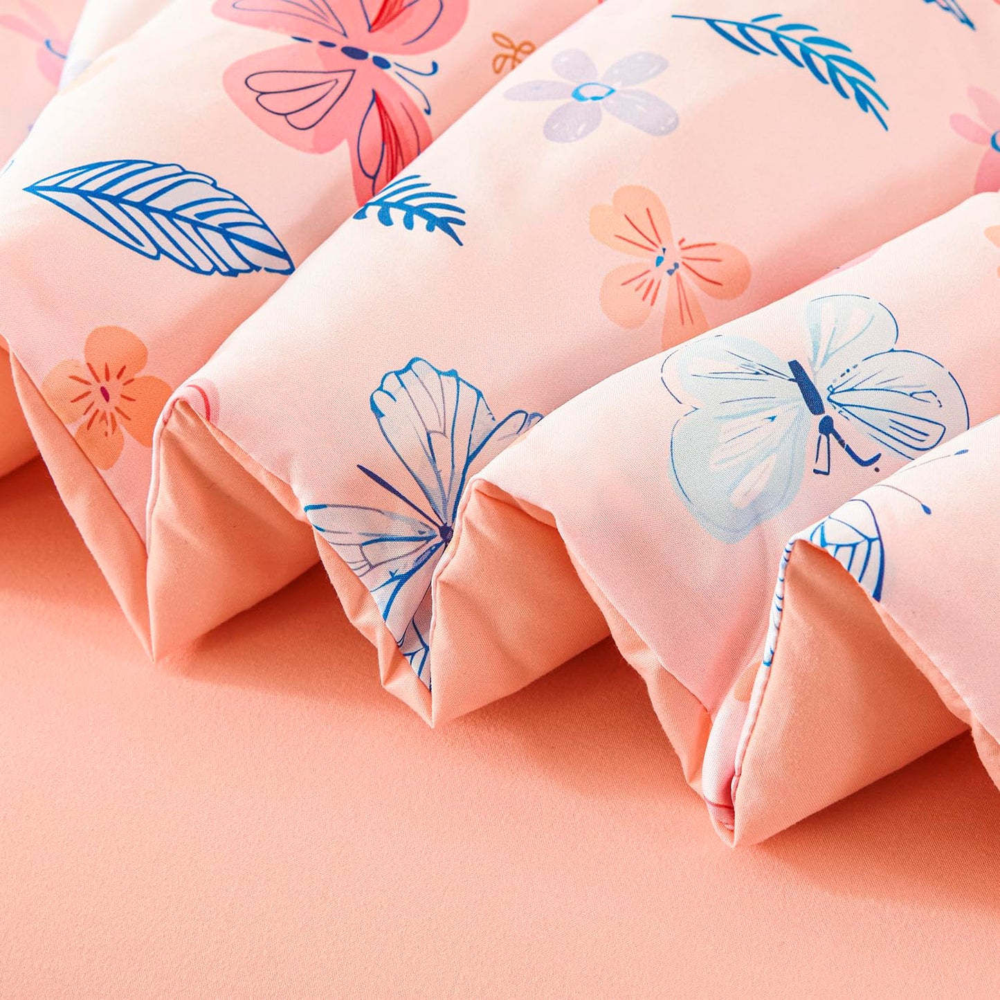 URBONUR Cute Butterfly Toddler Bedding Set for Girls, 4 Piece Bed-in-a-Bag Toddler Microfiber Comforter Sheet Set, Botanical Flowers Printed, All Season Easy Care