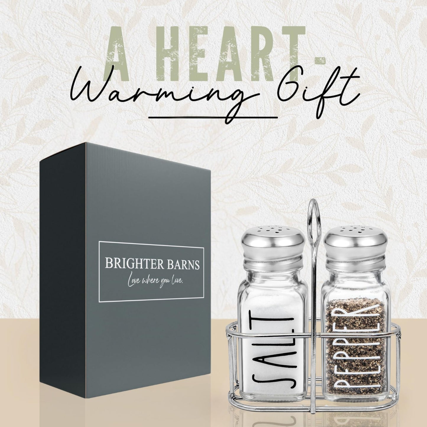 Clear Glass Salt and Pepper Shakers Set with Holder by Brighter Barns - Dining Table Countertop Accessories, Farmhouse Kitchen Decor - Glass Shakers with Caddy for Restaurant, BBQ, Camping, RV (Clear)