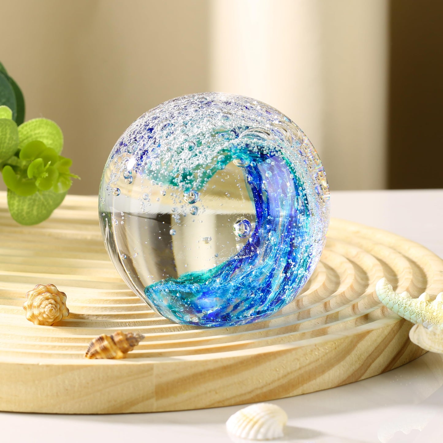 JFTOSALE Hand Blown Ocean Waves Glass Figurine Paperweight Ball, Home Decor Collectible, Aquarium & Office Decor for Ocean Lovers